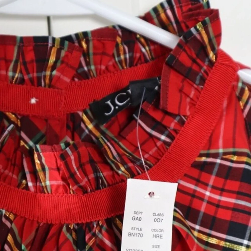 🎁Ruffleneck Sleeveless Cotton Poplin Top in Plaid Holiday Red, M